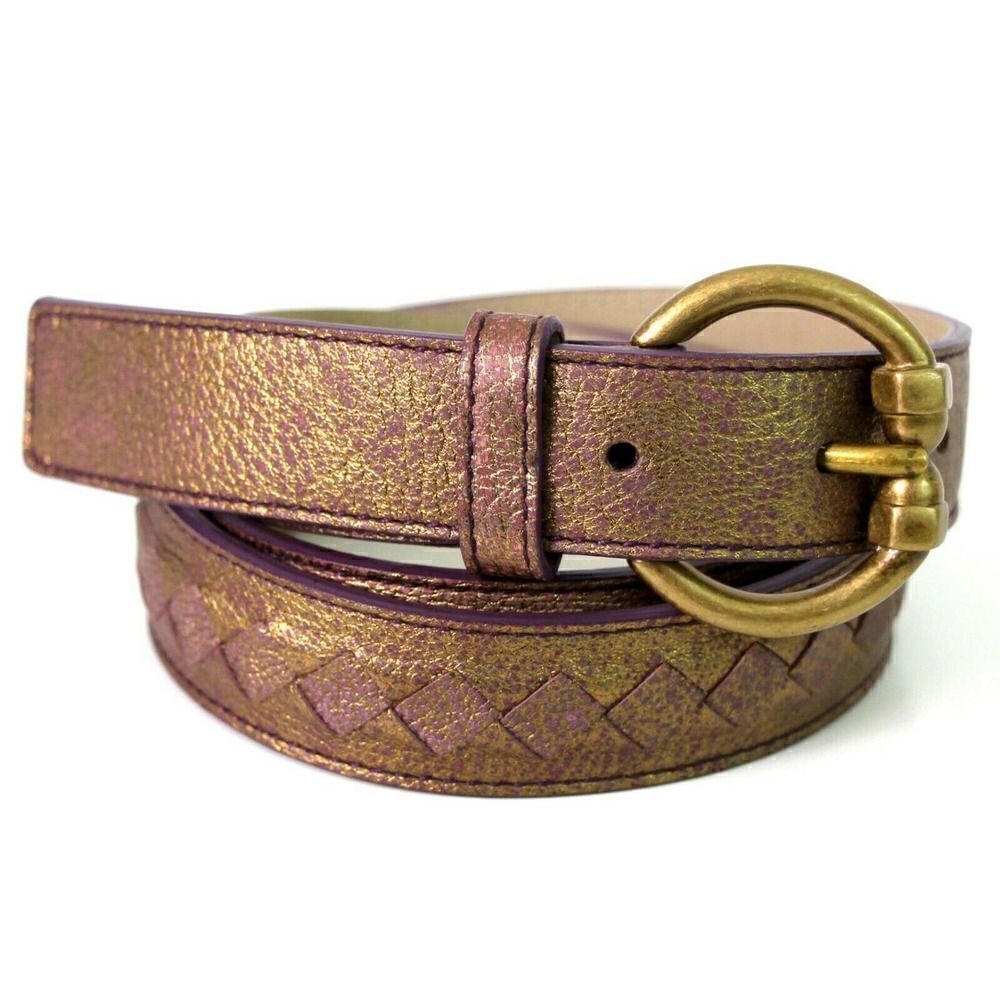 NWOT BOTTEGA VENETA ITALY GOLD MAUVE GENUINE LEATHER SKINNY DRESS BELT 34" (R4